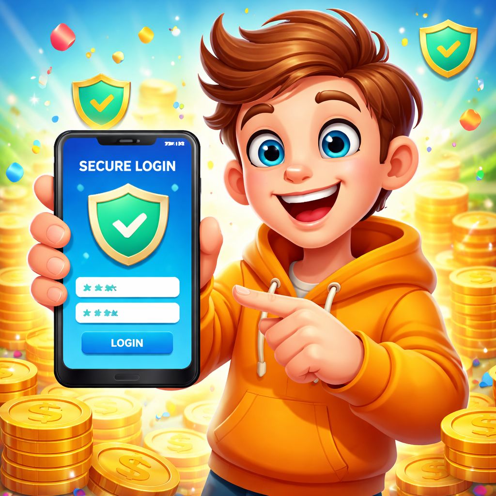 666TK themed cartoon character using a mobile login screen with coins and secure app symbols